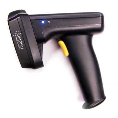 This type of handheld RFID scanner reads a forward-facing conical beam and can connect to a mobile device via bluetooth.